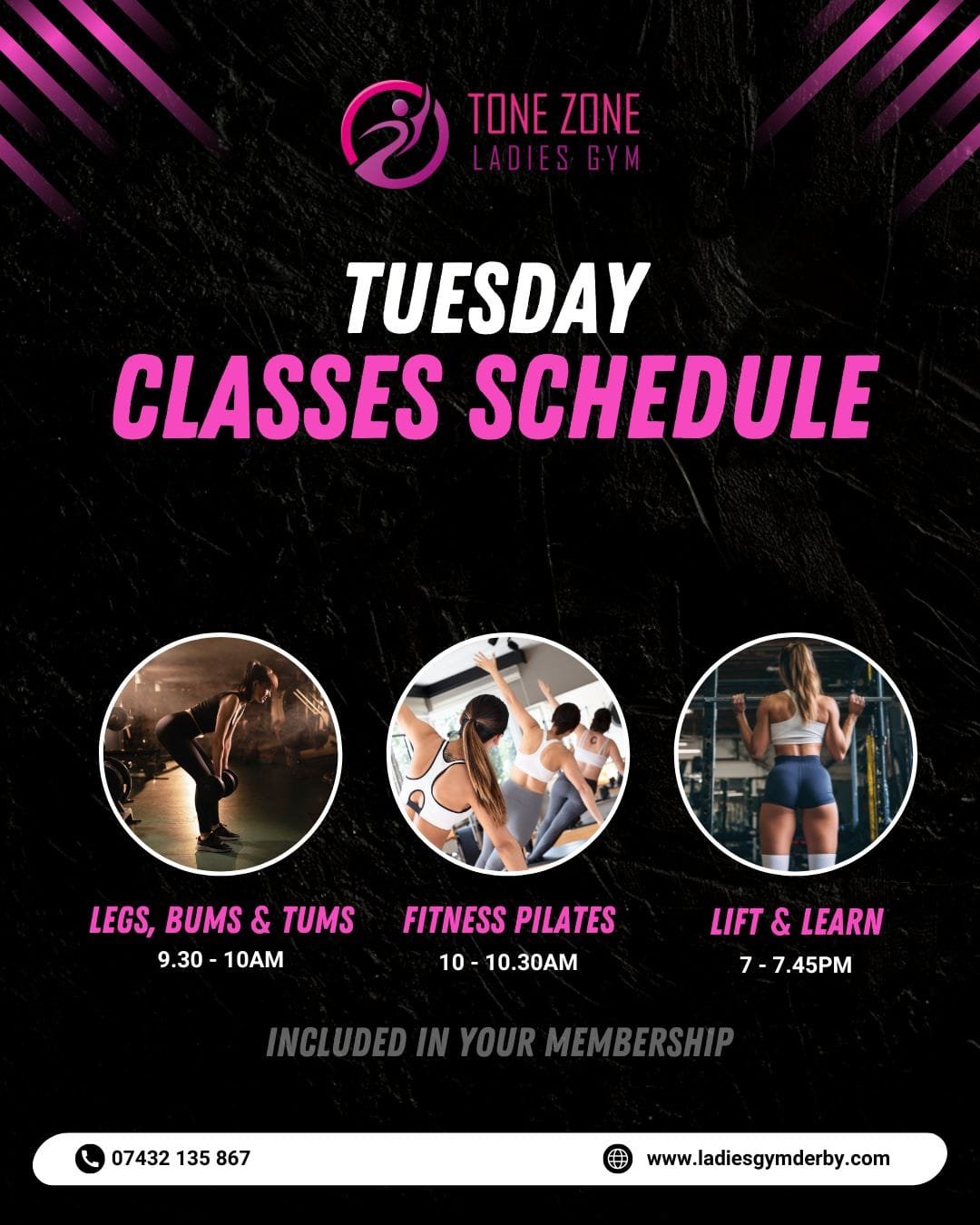 Tone Zone Ladies Classes (2) woman exercising showcasing pink and white text on right side saying 100% free day pass